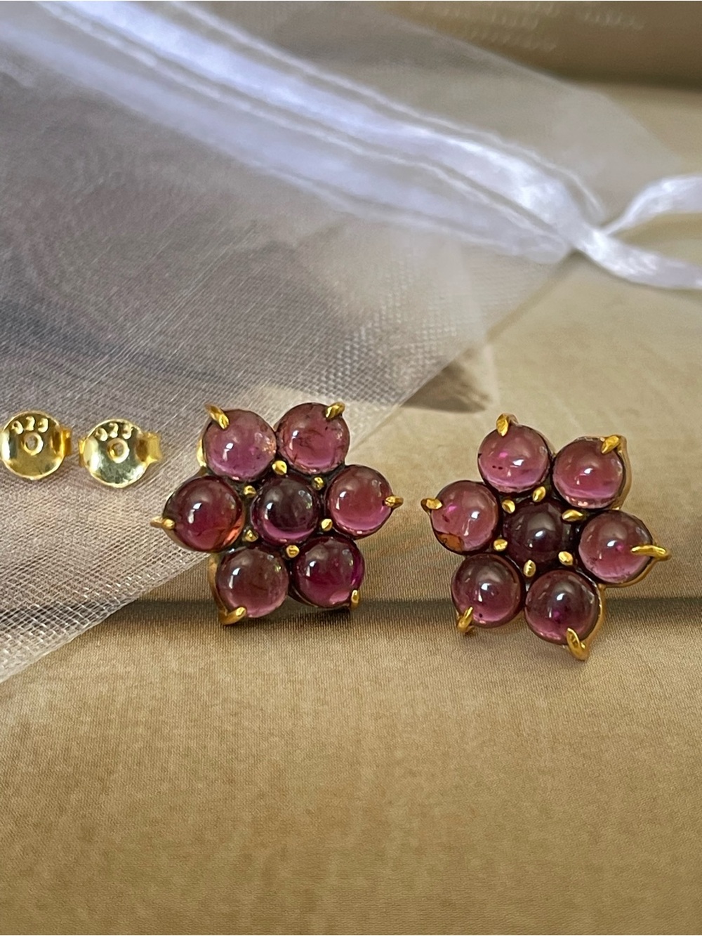 Natural Garnet Stud Earrings in 925 Sterling Silver!! “VIBES” Handmade!!